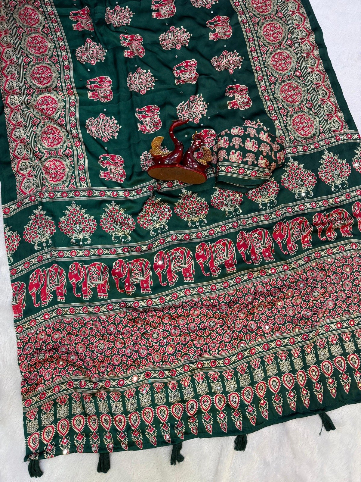presenting most demanding saree heavy japan satin ajarakh print with real mirror work and latkan presenting most demanding saree heavy japan satin ajarakh print with real mirror work and latkan