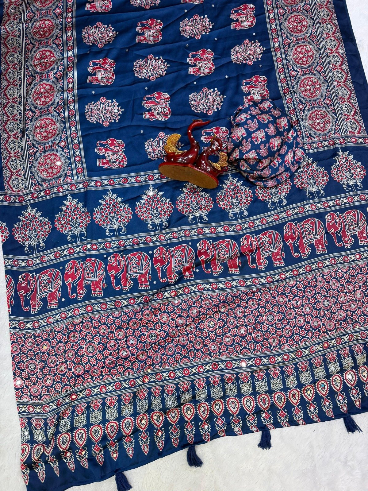 presenting most demanding saree heavy japan satin ajarakh print with real mirror work and latkan presenting most demanding saree heavy japan satin ajarakh print with real mirror work and latkan