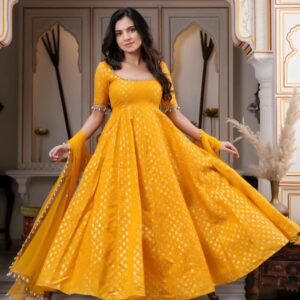 presenting anarkali gown pent dupatta set chanderi jacquard butti