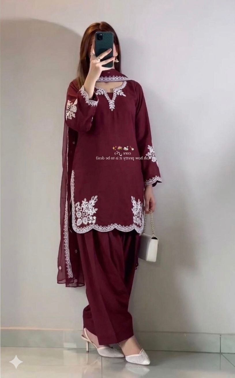 new designer party wear look top with farshi salwar suit heavy roman cotton material with embroidery work new designer party wear look top with farshi salwar suit heavy roman cotton material with embroidery work