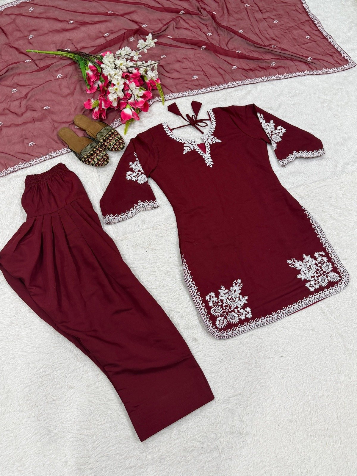 new designer party wear look top with farshi salwar suit heavy roman cotton material with embroidery work new designer party wear look top with farshi salwar suit heavy roman cotton material with embroidery work