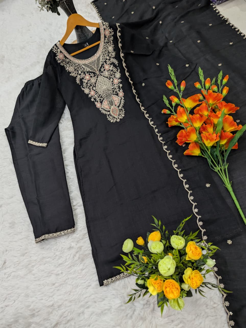 presenting 3 piece kurtas set pure wichita silk with embroidery sequence work presenting 3 piece kurtas set pure wichita silk with embroidery sequence work
