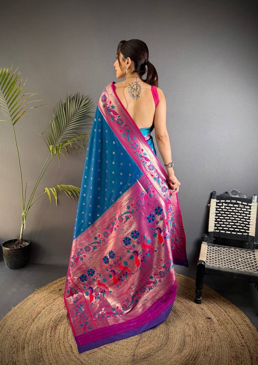 paithani saree with polka zari woven motifs all over the body having contrast rich woven rich meenakari peacock paithani pallu saree paithani saree with polka zari woven motifs all over the body having contrast rich woven rich meenakari peacock paithani pallu saree