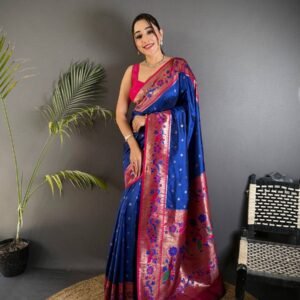 paithani saree with polka zari woven motifs all over the body having contrast rich woven rich meenakari peacock paithani pallu saree