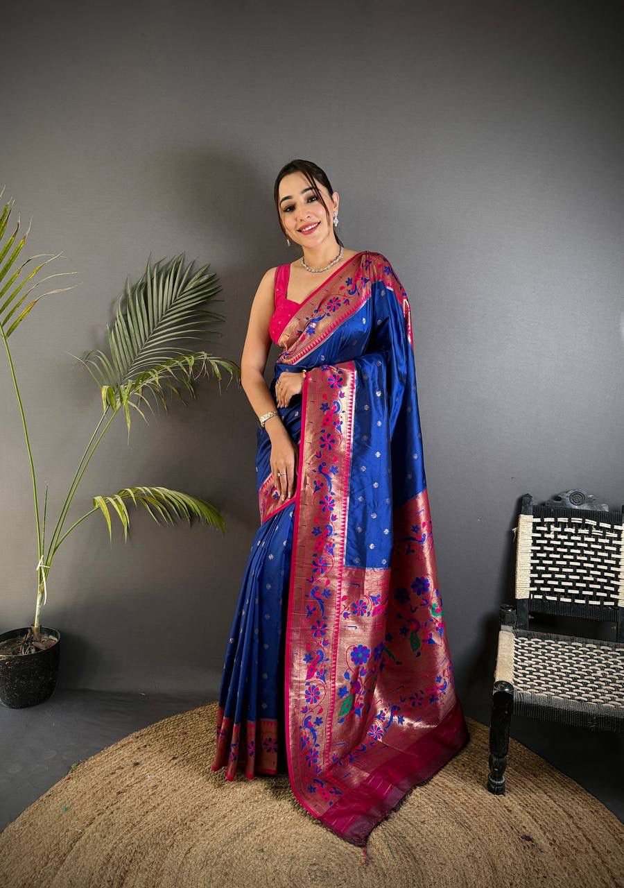paithani saree with polka zari woven motifs all over the body having contrast rich woven rich meenakari peacock paithani pallu saree paithani saree with polka zari woven motifs all over the body having contrast rich woven rich meenakari peacock paithani pallu saree
