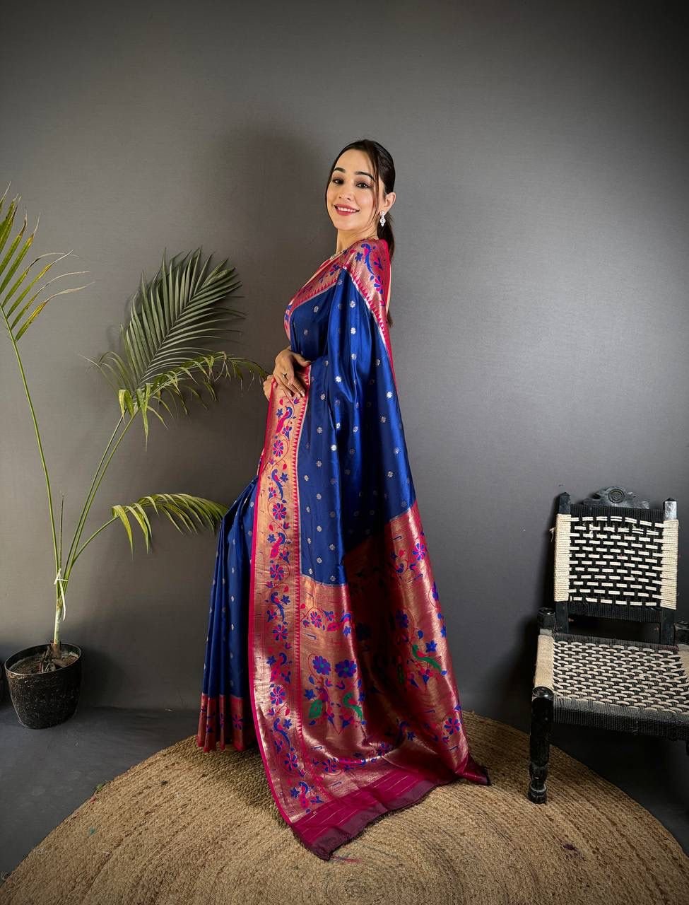 paithani saree with polka zari woven motifs all over the body having contrast rich woven rich meenakari peacock paithani pallu saree paithani saree with polka zari woven motifs all over the body having contrast rich woven rich meenakari peacock paithani pallu saree