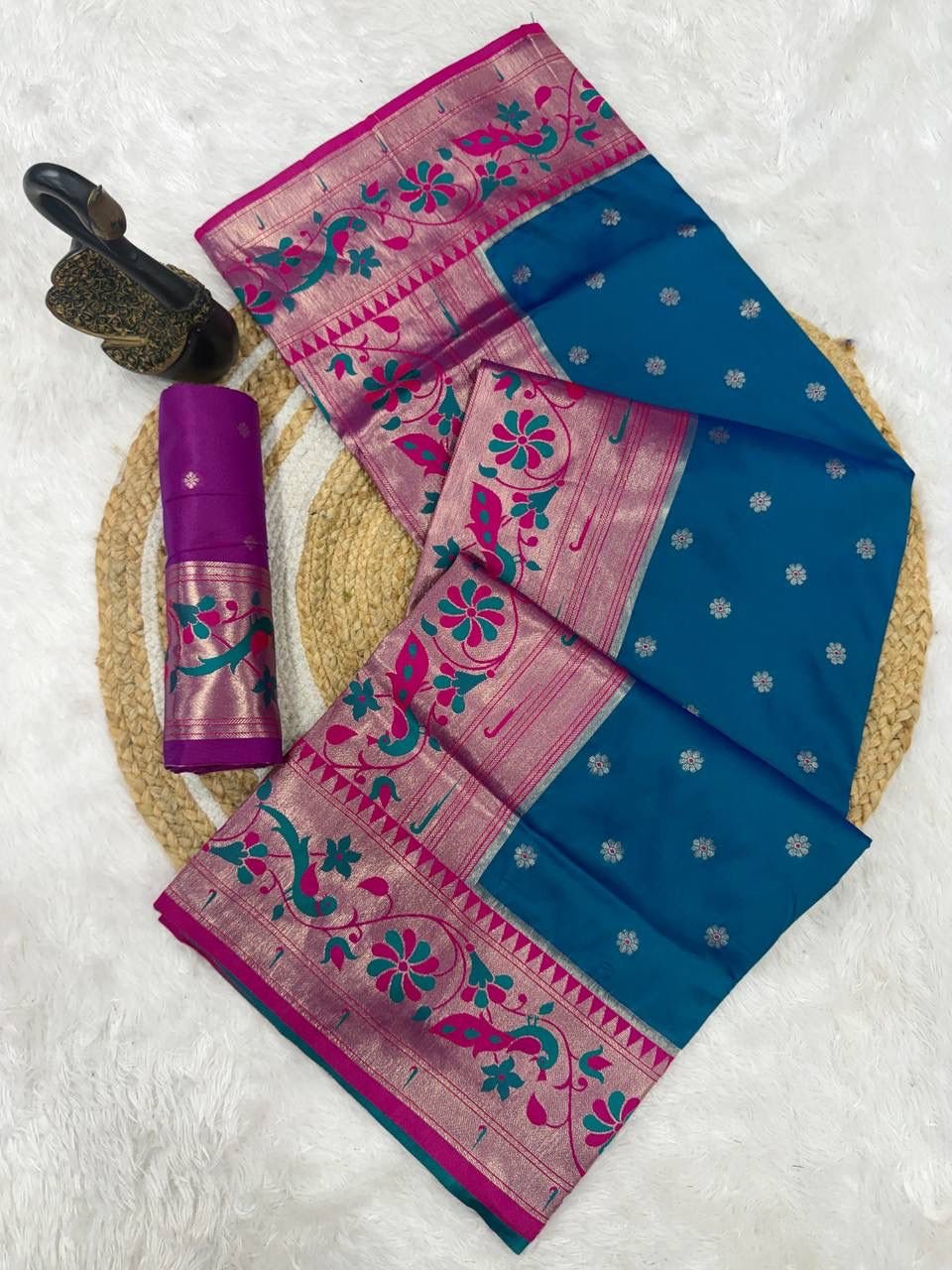 paithani saree with polka zari woven motifs all over the body having contrast rich woven rich meenakari peacock paithani pallu saree paithani saree with polka zari woven motifs all over the body having contrast rich woven rich meenakari peacock paithani pallu saree