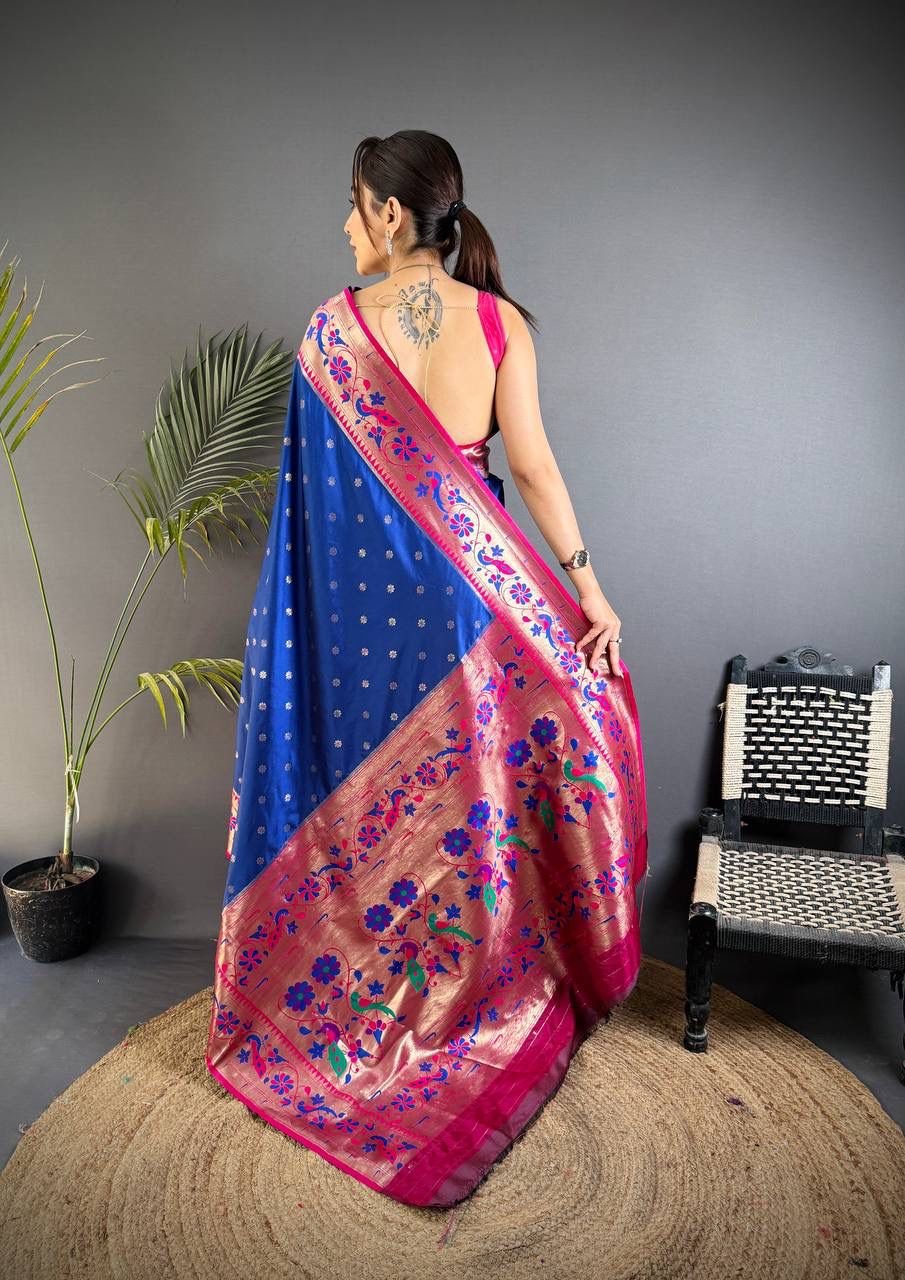 paithani saree with polka zari woven motifs all over the body having contrast rich woven rich meenakari peacock paithani pallu saree paithani saree with polka zari woven motifs all over the body having contrast rich woven rich meenakari peacock paithani pallu saree