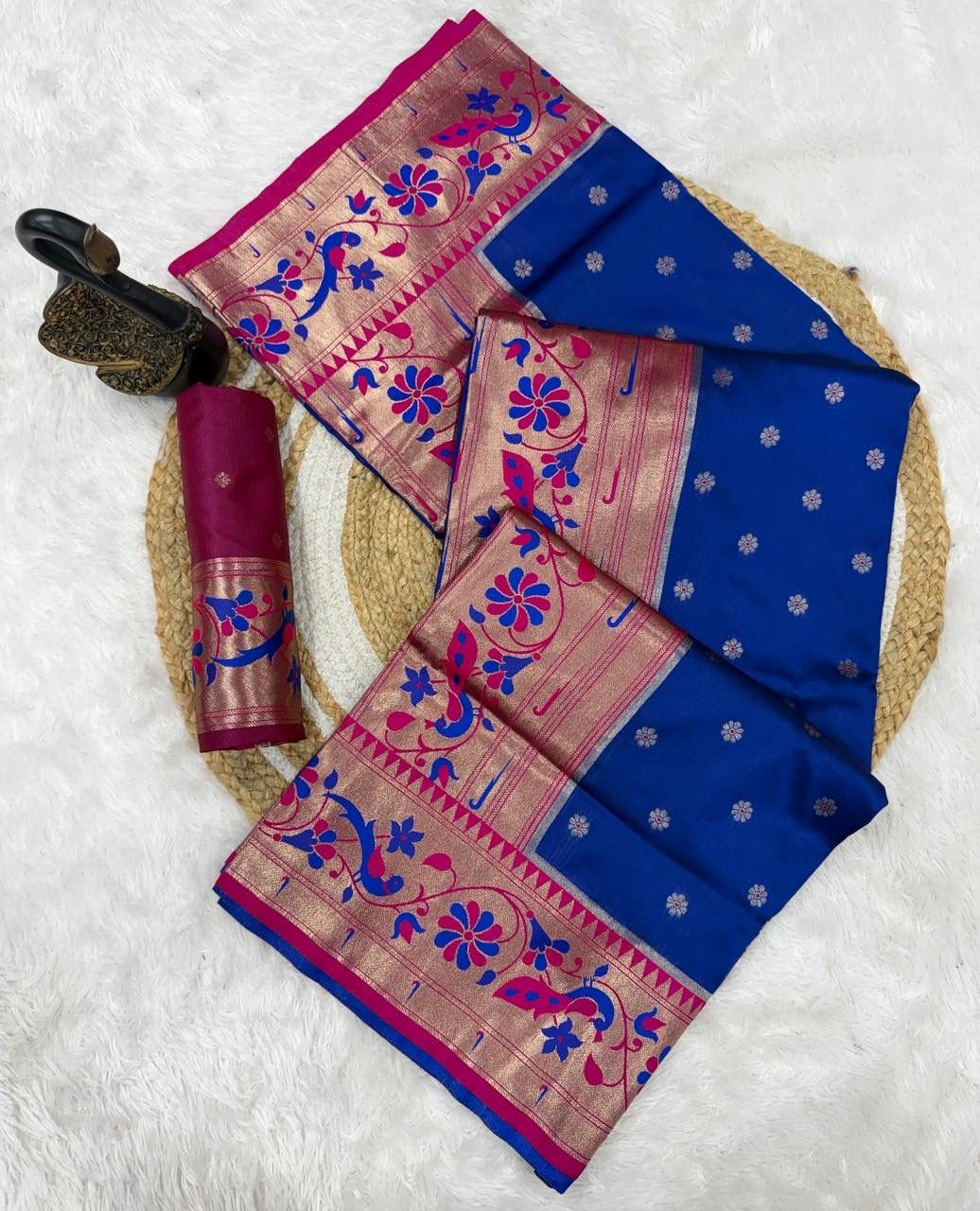 paithani saree with polka zari woven motifs all over the body having contrast rich woven rich meenakari peacock paithani pallu saree paithani saree with polka zari woven motifs all over the body having contrast rich woven rich meenakari peacock paithani pallu saree