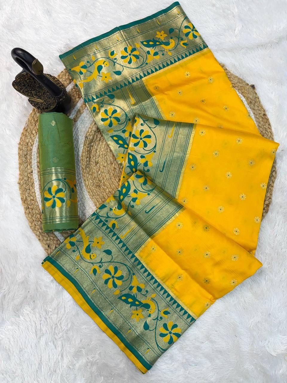 paithani saree with polka zari woven motifs all over the body having contrast rich woven rich meenakari peacock paithani pallu saree paithani saree with polka zari woven motifs all over the body having contrast rich woven rich meenakari peacock paithani pallu saree