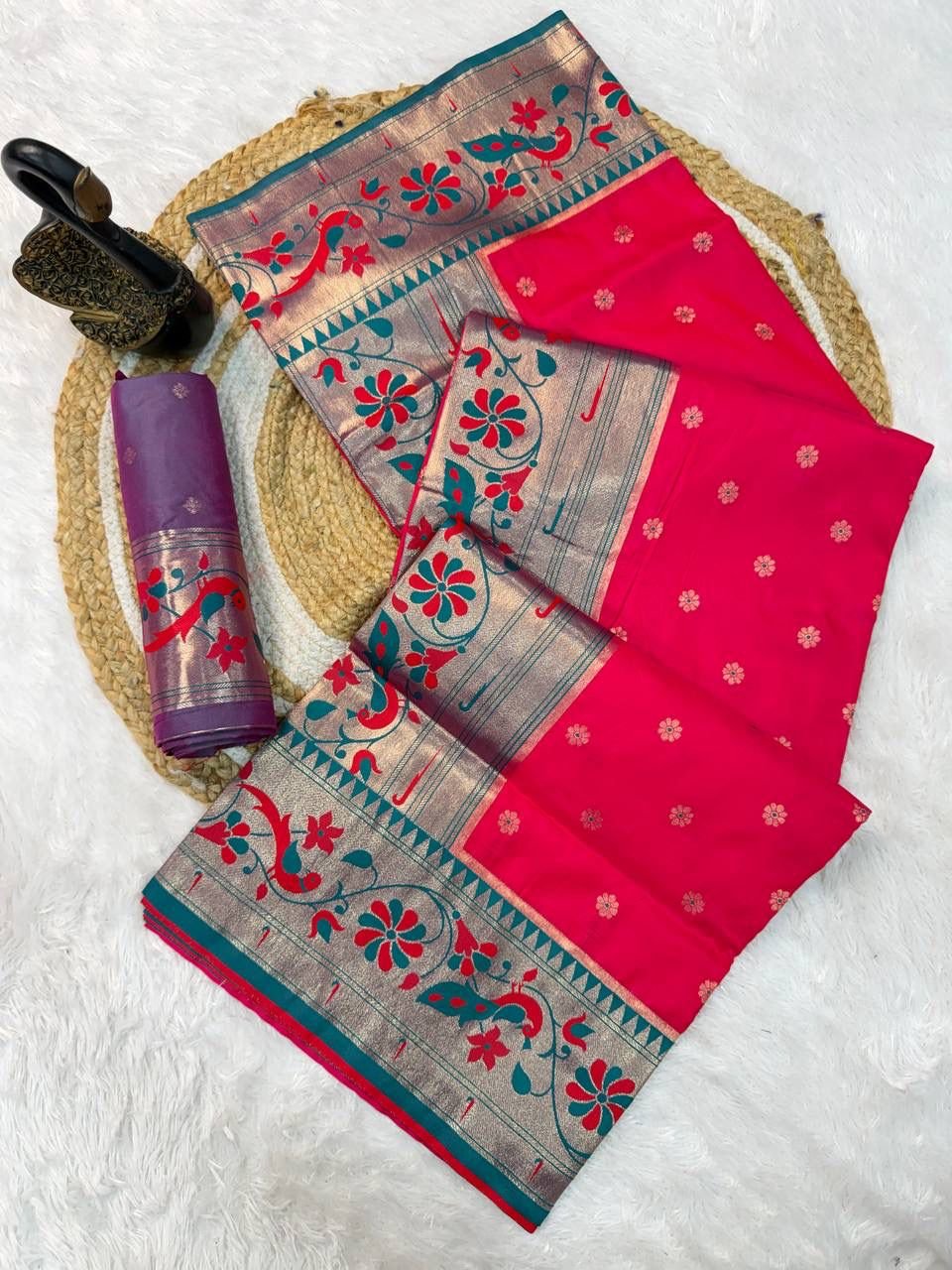 paithani saree with polka zari woven motifs all over the body having contrast rich woven rich meenakari peacock paithani pallu saree paithani saree with polka zari woven motifs all over the body having contrast rich woven rich meenakari peacock paithani pallu saree