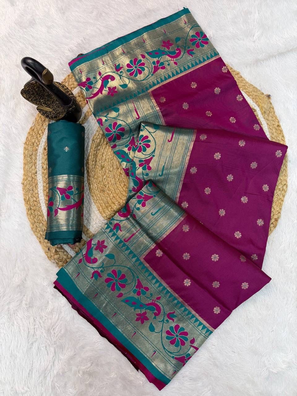 paithani saree with polka zari woven motifs all over the body having contrast rich woven rich meenakari peacock paithani pallu saree paithani saree with polka zari woven motifs all over the body having contrast rich woven rich meenakari peacock paithani pallu saree