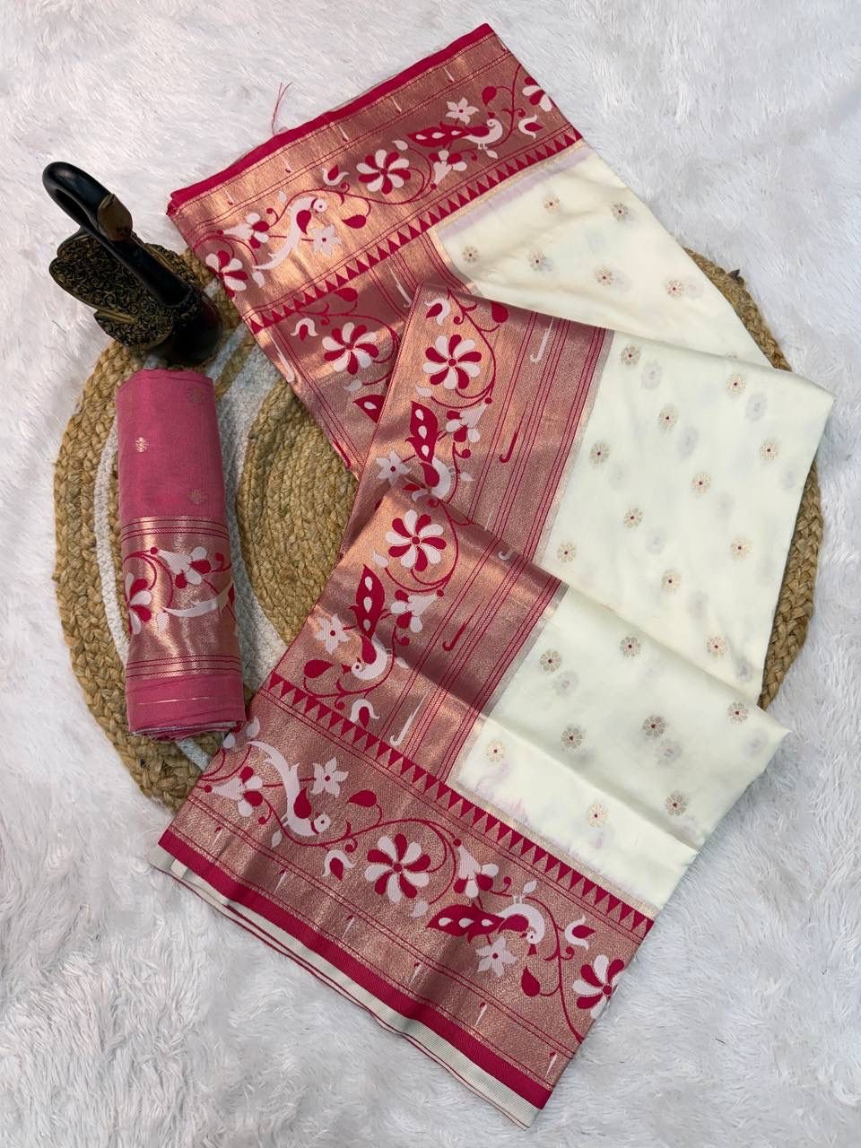 paithani saree with polka zari woven motifs all over the body having contrast rich woven rich meenakari peacock paithani pallu saree paithani saree with polka zari woven motifs all over the body having contrast rich woven rich meenakari peacock paithani pallu saree