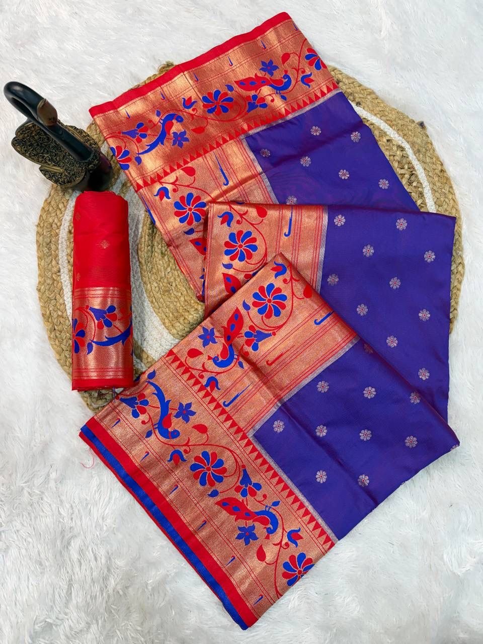 paithani saree with polka zari woven motifs all over the body having contrast rich woven rich meenakari peacock paithani pallu saree paithani saree with polka zari woven motifs all over the body having contrast rich woven rich meenakari peacock paithani pallu saree