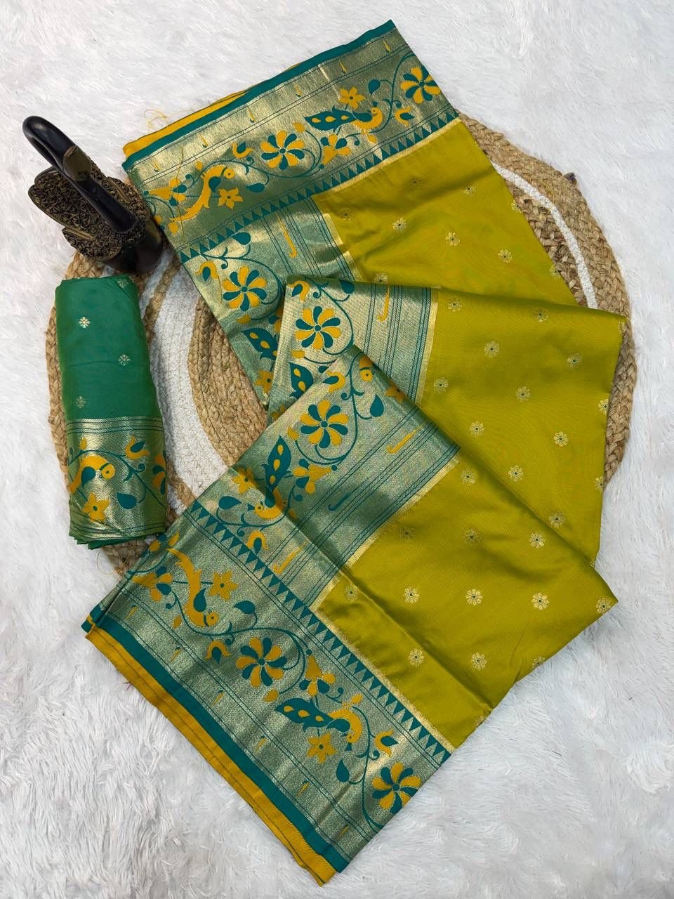 paithani saree with polka zari woven motifs all over the body having contrast rich woven rich meenakari peacock paithani pallu saree paithani saree with polka zari woven motifs all over the body having contrast rich woven rich meenakari peacock paithani pallu saree