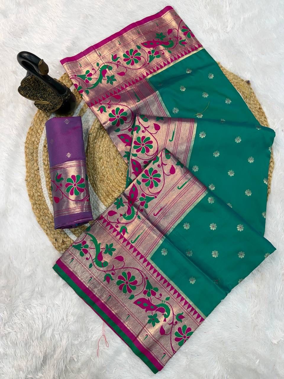 paithani saree with polka zari woven motifs all over the body having contrast rich woven rich meenakari peacock paithani pallu saree paithani saree with polka zari woven motifs all over the body having contrast rich woven rich meenakari peacock paithani pallu saree
