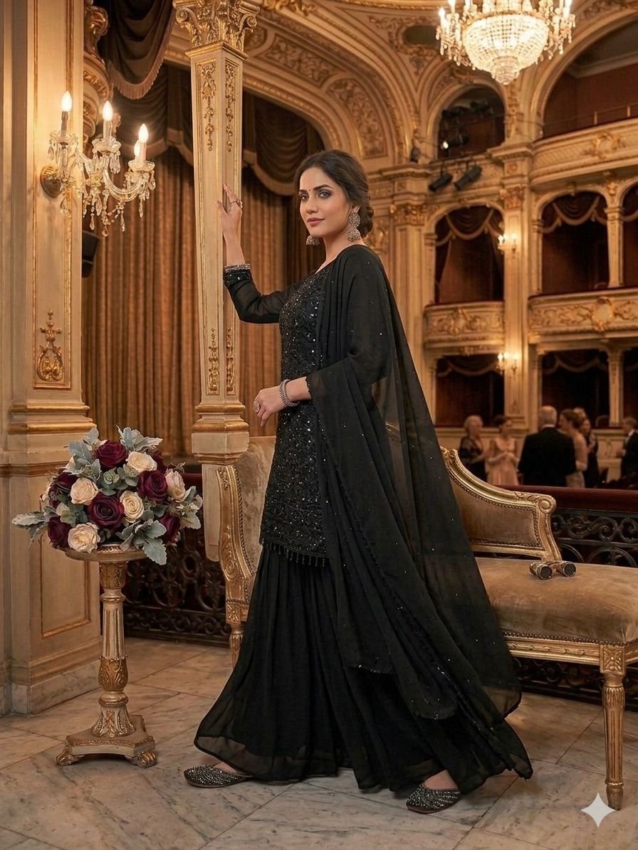 presenting top palazzo dupatta set georgettes with embroidery beads and sequence work presenting top palazzo dupatta set georgettes with embroidery beads and sequence work