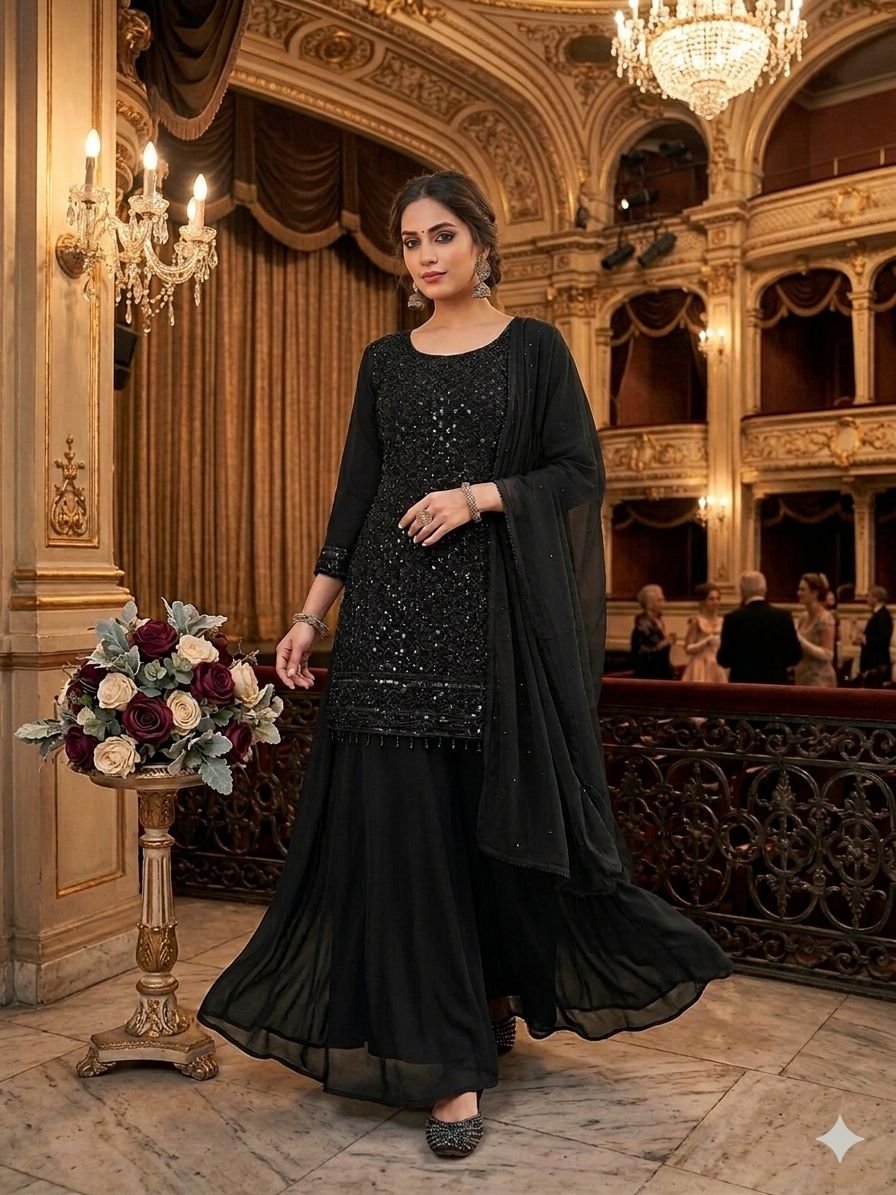 presenting top palazzo dupatta set georgettes with embroidery beads and sequence work presenting top palazzo dupatta set georgettes with embroidery beads and sequence work