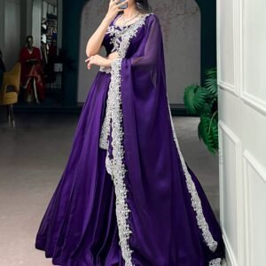 ntricate embroidery, radiant sequins, and luxurious rangoli silk lehenga