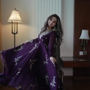 presenting designer anarkali gown with embroidery sequence work