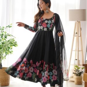 classic black floral printed organza anarkali suit set for the upcoming festivities and wedding season
