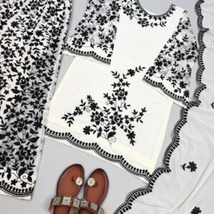 pure heavy faux georgette with embroidery sequence work top bottom and dupatta set fully stitched