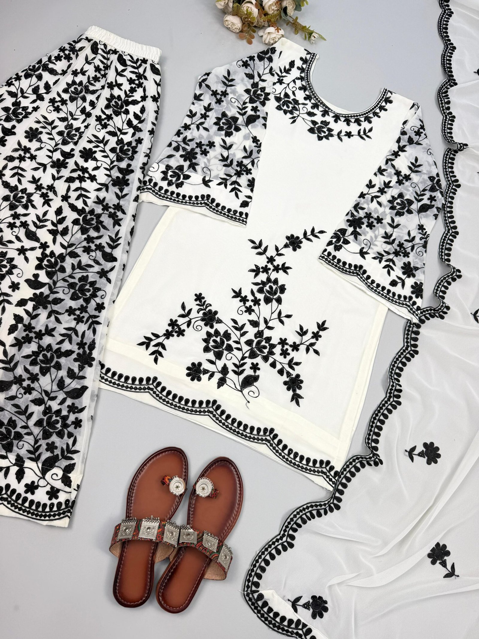 pure heavy faux georgette with embroidery sequence work top bottom and dupatta set fully stitched pure heavy faux georgette with embroidery sequence work top bottom and dupatta set fully stitched