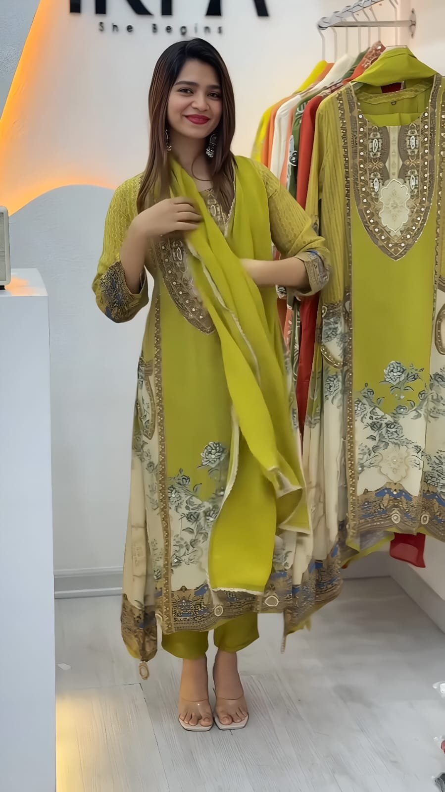 launching exclusively festive & party wear heavy frech crep with digital print with hand work top bottom set fully stitched launching exclusively festive & party wear heavy frech crep with digital print with hand work top bottom set fully stitched