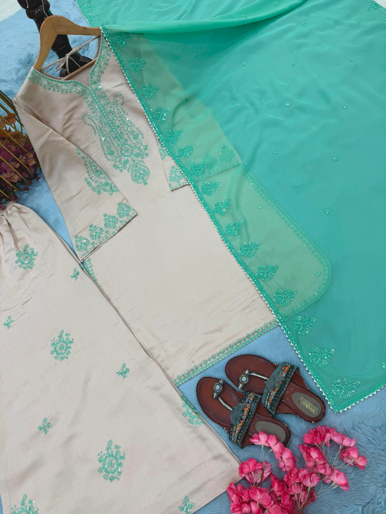 Đěsigner party wear look heavy pur roman silk top plazzo & dupatta set Đěsigner party wear look heavy pur roman silk top plazzo & dupatta set