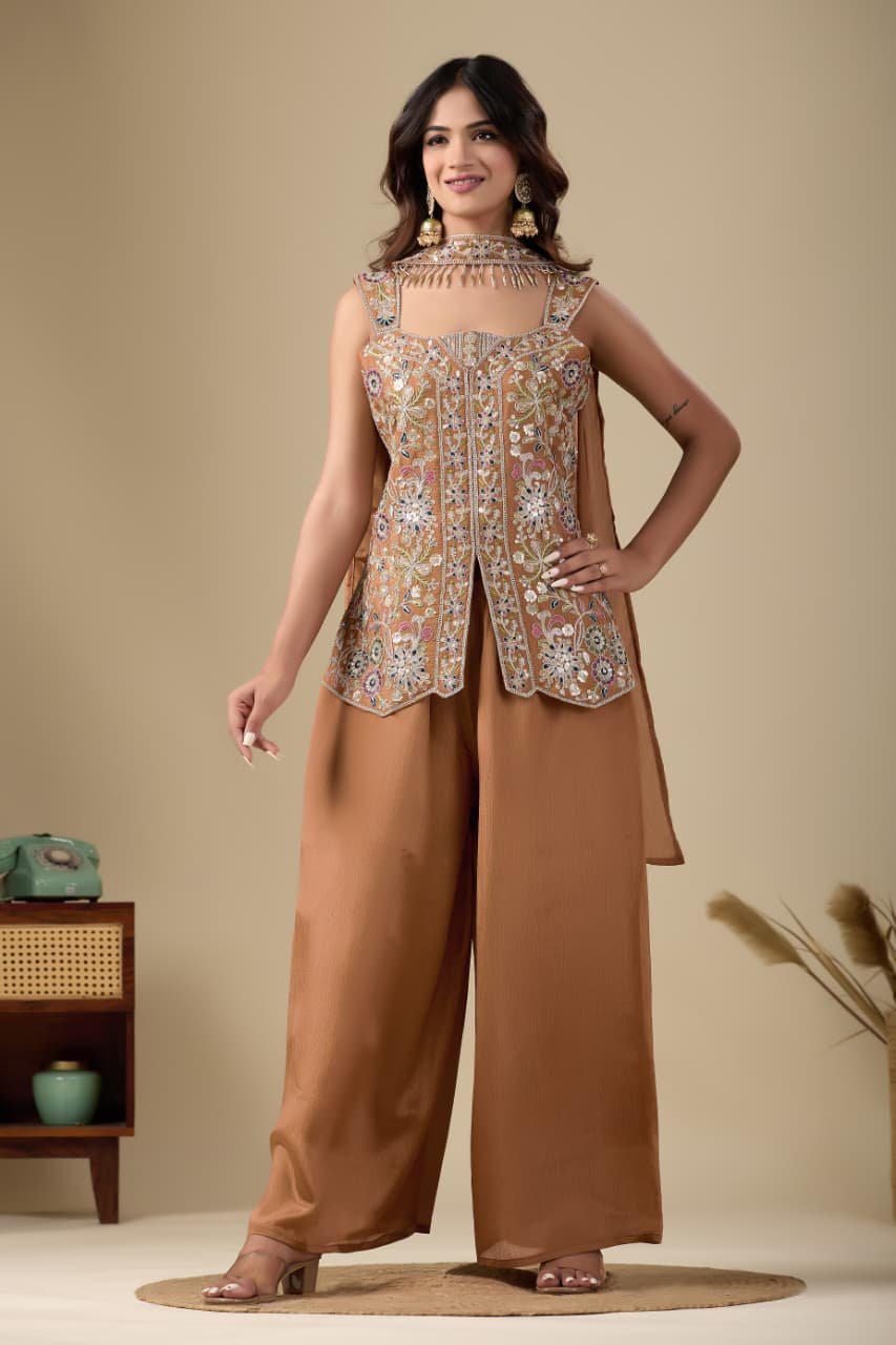 top sharara dupatta set pure chinon with embroidery sequence work top sharara dupatta set pure chinon with embroidery sequence work