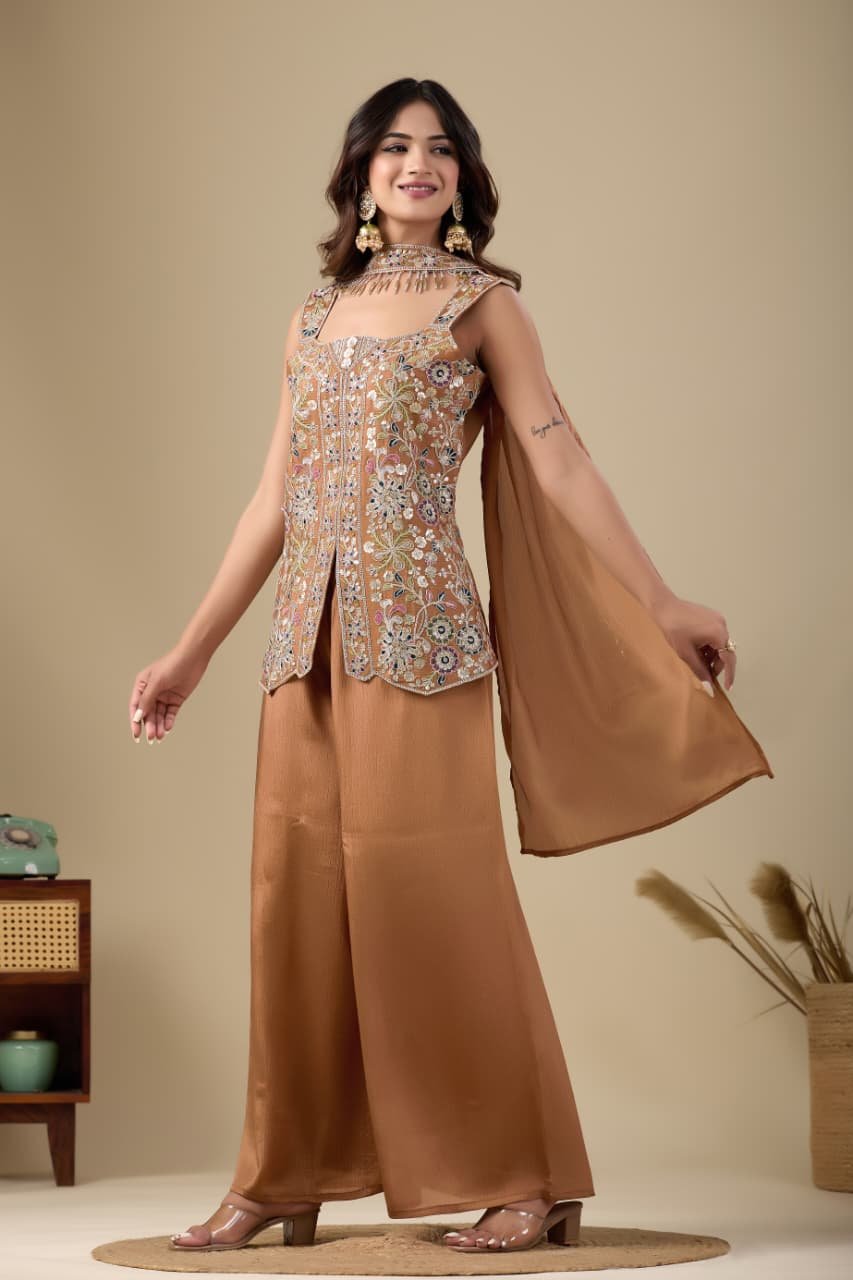 top sharara dupatta set pure chinon with embroidery sequence work top sharara dupatta set pure chinon with embroidery sequence work