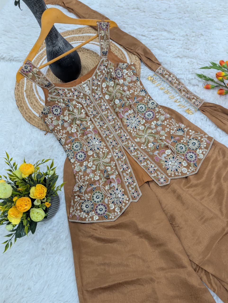 top sharara dupatta set pure chinon with embroidery sequence work top sharara dupatta set pure chinon with embroidery sequence work