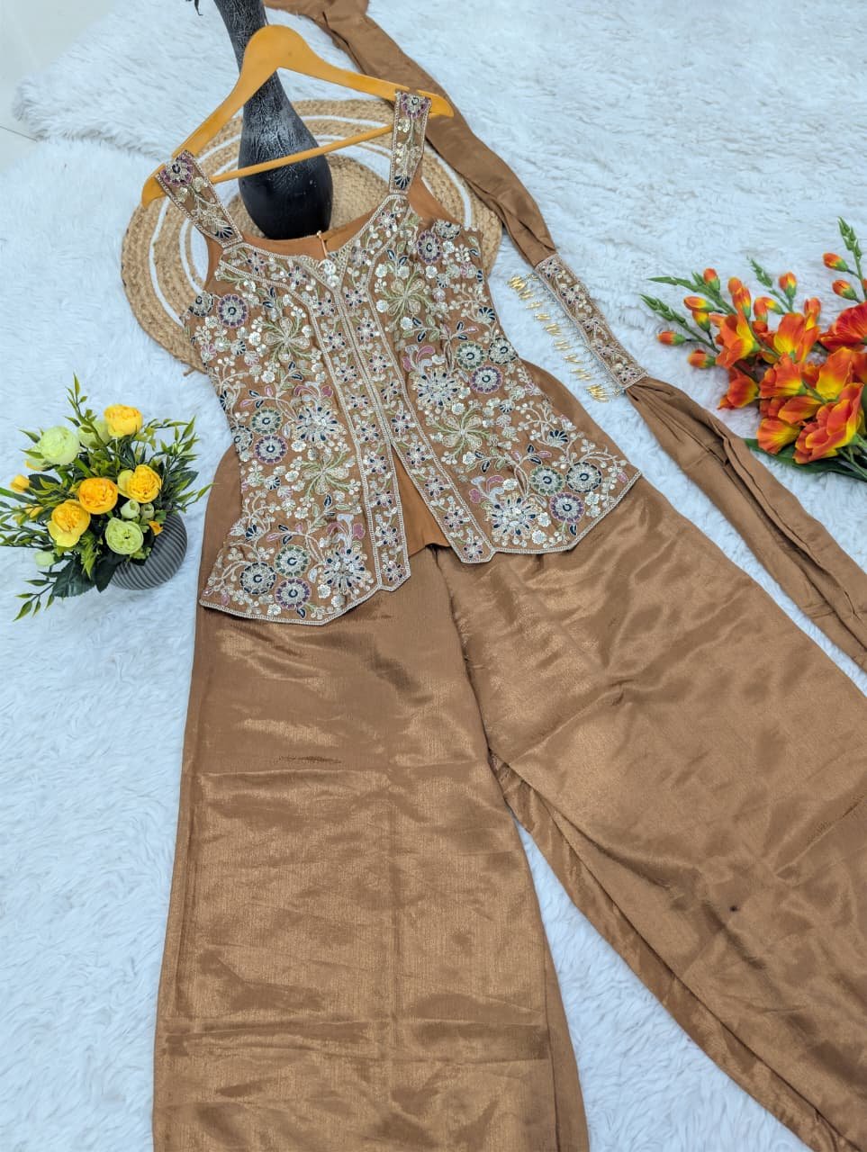 top sharara dupatta set pure chinon with embroidery sequence work top sharara dupatta set pure chinon with embroidery sequence work