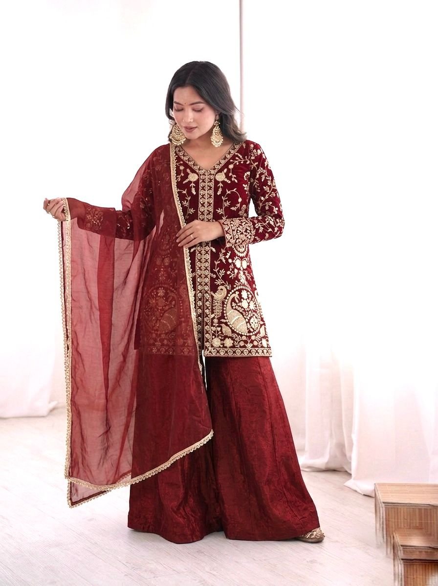 wear look pur heavy fendy silk top palazzo & dupatta set with embroidery sequence work wear look pur heavy fendy silk top palazzo & dupatta set with embroidery sequence work