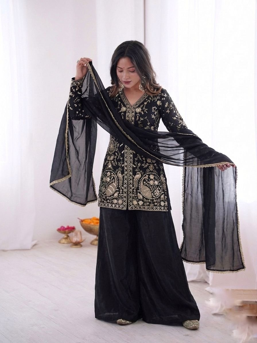 wear look pur heavy fendy silk top palazzo & dupatta set with embroidery sequence work wear look pur heavy fendy silk top palazzo & dupatta set with embroidery sequence work