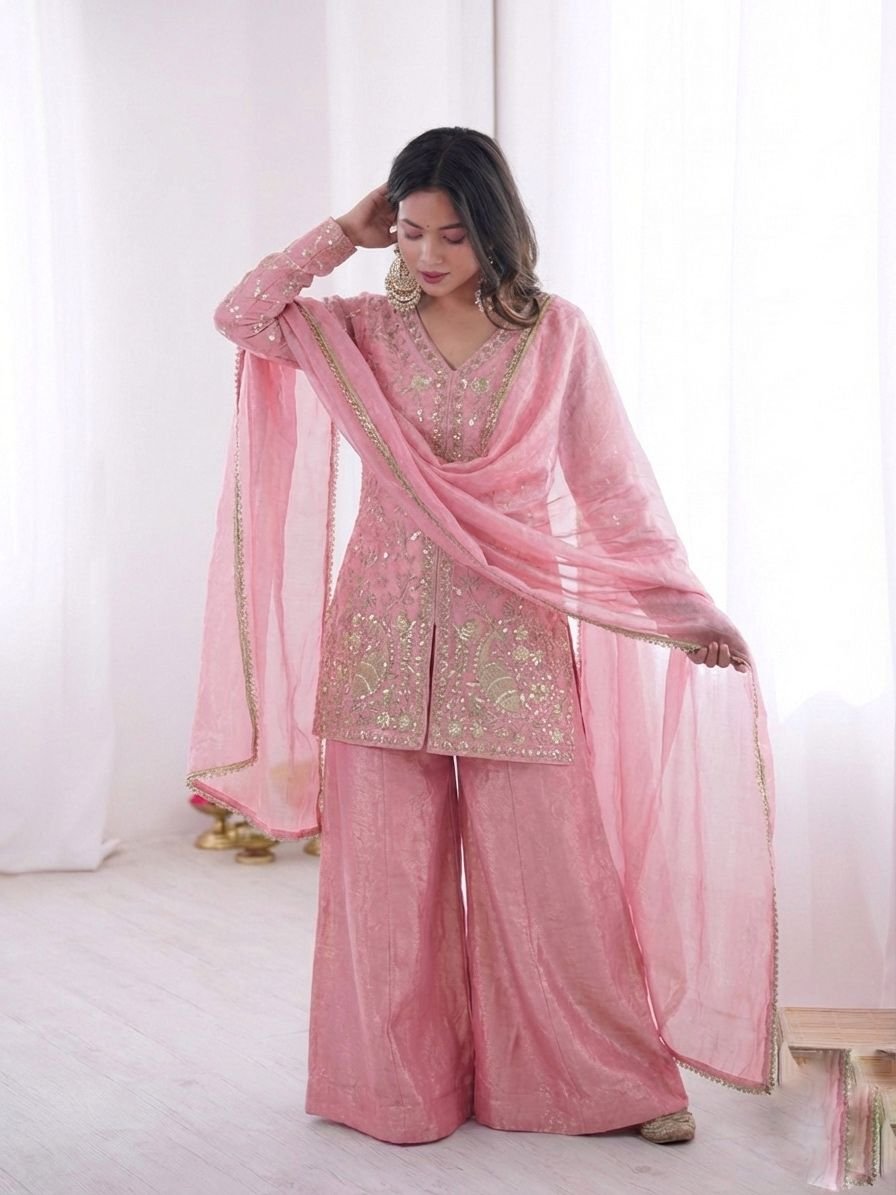wear look pur heavy fendy silk top palazzo & dupatta set with embroidery sequence work wear look pur heavy fendy silk top palazzo & dupatta set with embroidery sequence work