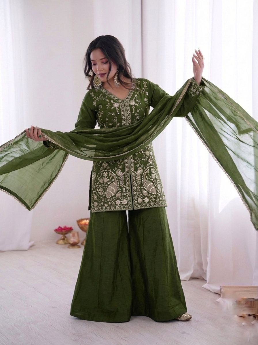wear look pur heavy fendy silk top palazzo & dupatta set with embroidery sequence work wear look pur heavy fendy silk top palazzo & dupatta set with embroidery sequence work