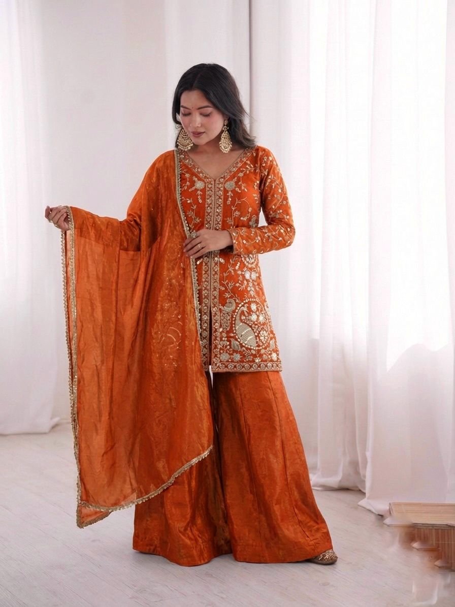 wear look pur heavy fendy silk top palazzo & dupatta set with embroidery sequence work wear look pur heavy fendy silk top palazzo & dupatta set with embroidery sequence work