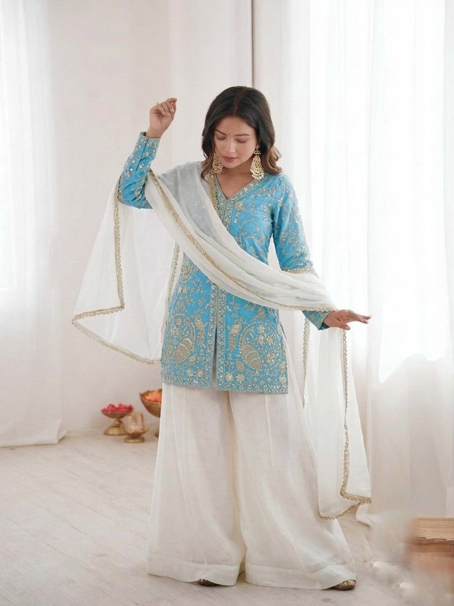 wear look pur heavy fendy silk top palazzo & dupatta set with embroidery sequence work wear look pur heavy fendy silk top palazzo & dupatta set with embroidery sequence work