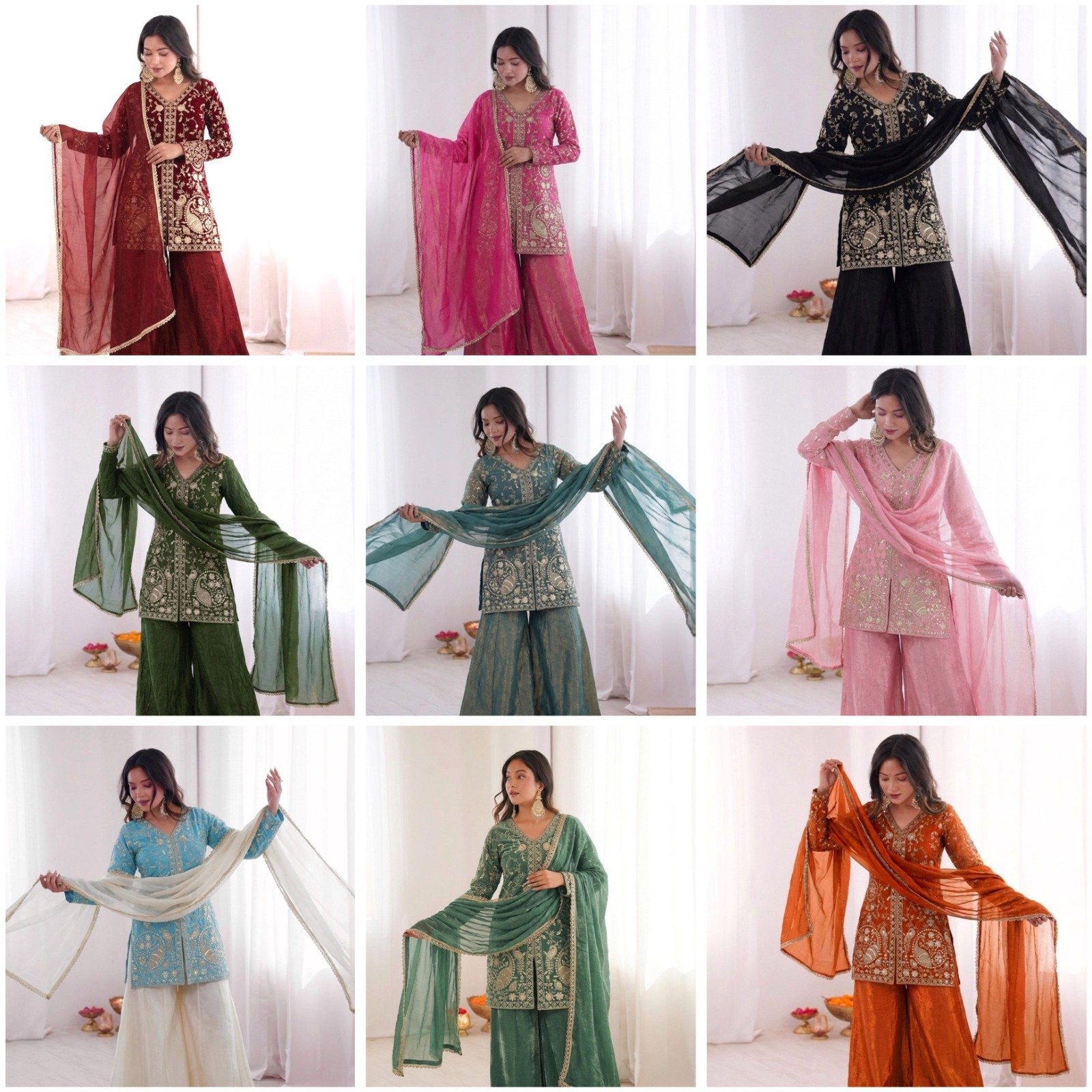 wear look pur heavy fendy silk top palazzo & dupatta set with embroidery sequence work wear look pur heavy fendy silk top palazzo & dupatta set with embroidery sequence work