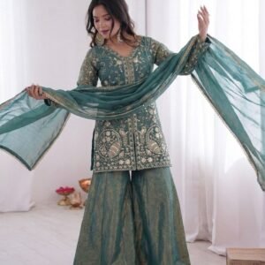 wear look pur heavy fendy silk top palazzo & dupatta set with embroidery sequence work