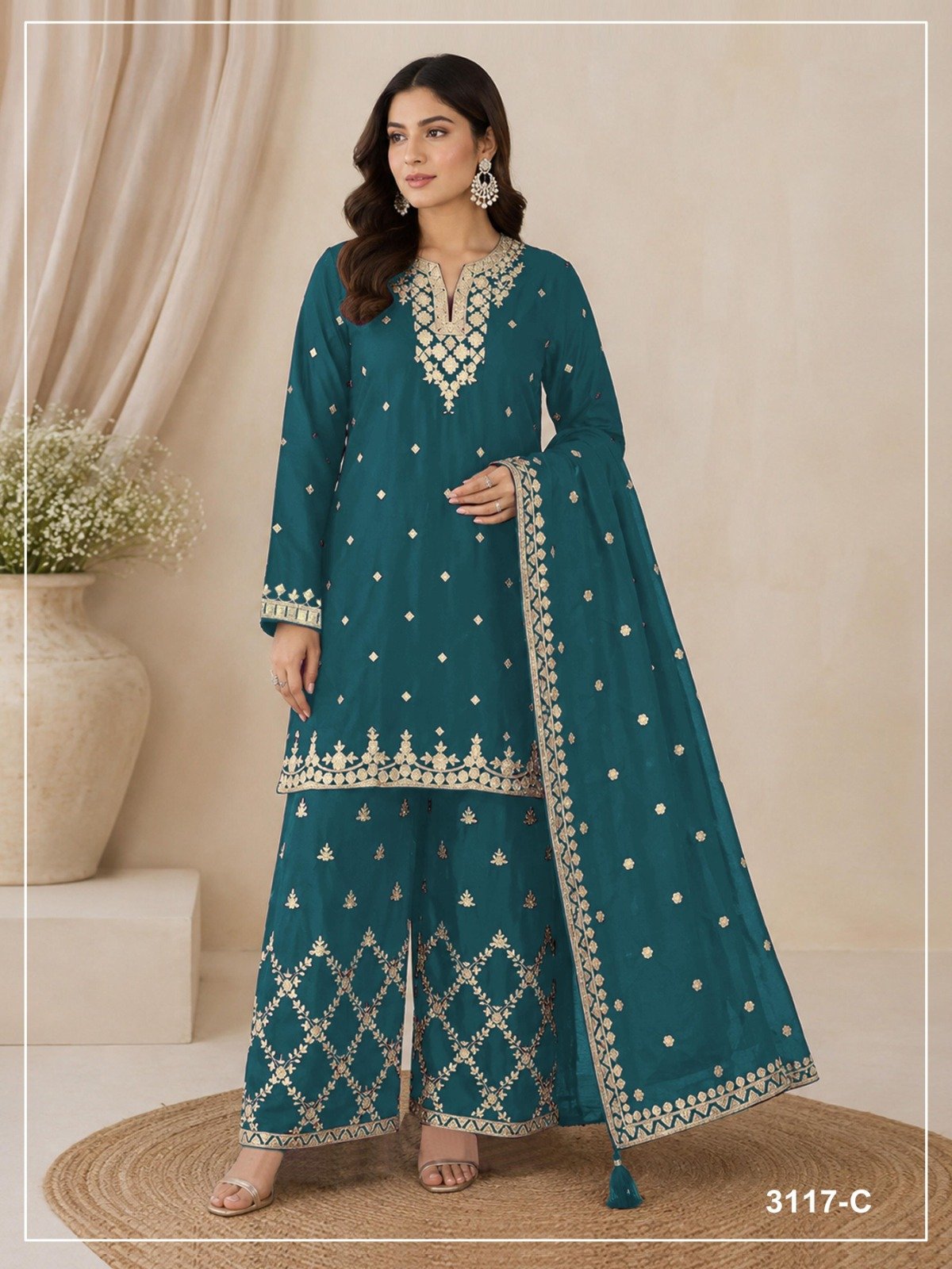 designer top palazzo dupatta pair heavy chinon with heavy embroidered sequence work & zari work designer top palazzo dupatta pair heavy chinon with heavy embroidered sequence work & zari work