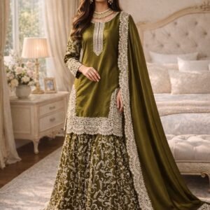 designer top palazzo dupatta set heavy fandy silk with embroidery sequence work