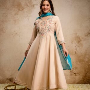 designer 3 piece anarkali kurti pent dupatta set pure viscose chanderi silk with embroidery beads work