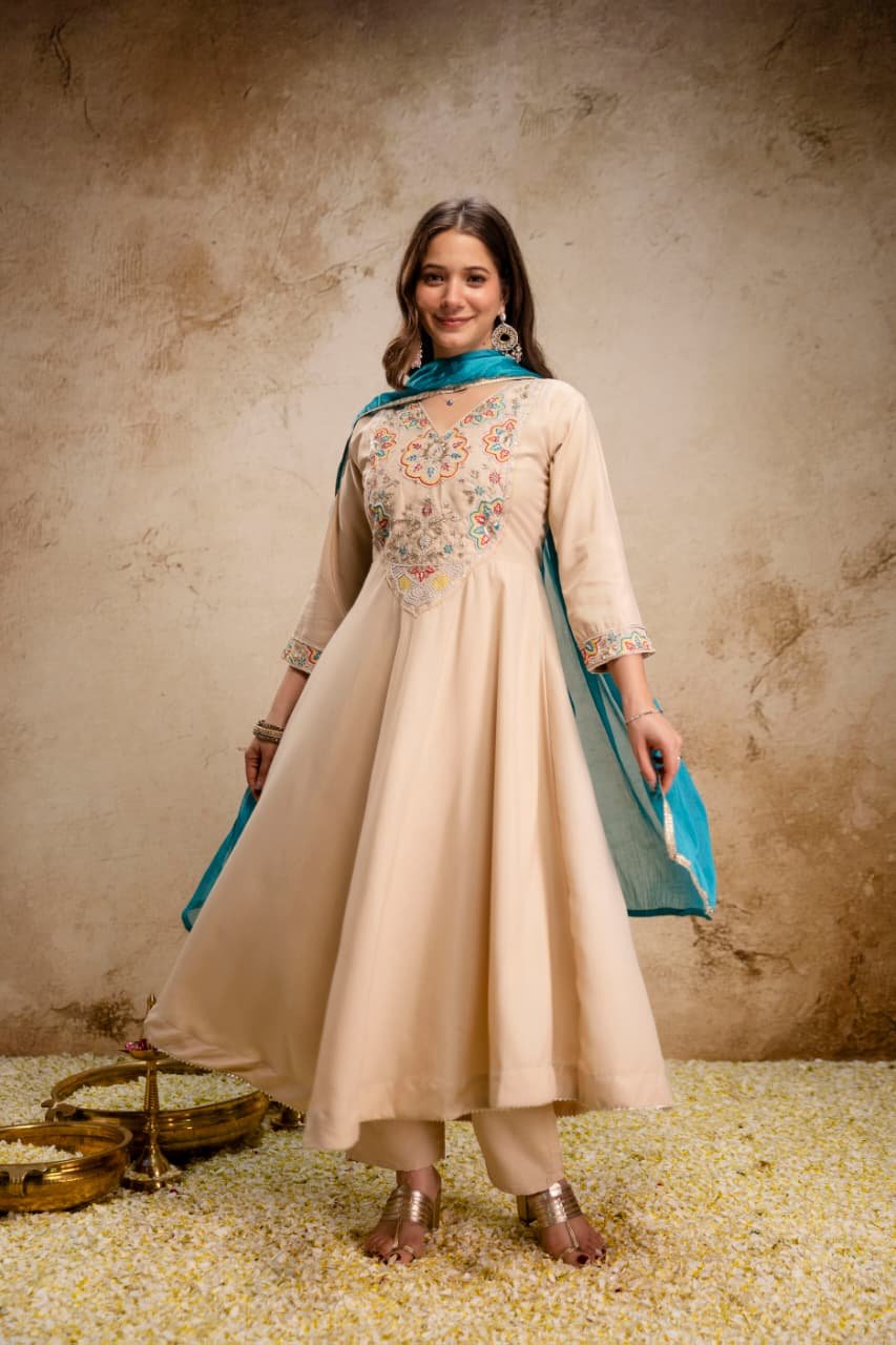 designer 3 piece anarkali kurti pent dupatta set pure viscose chanderi silk with embroidery beads work designer 3 piece anarkali kurti pent dupatta set pure viscose chanderi silk with embroidery beads work