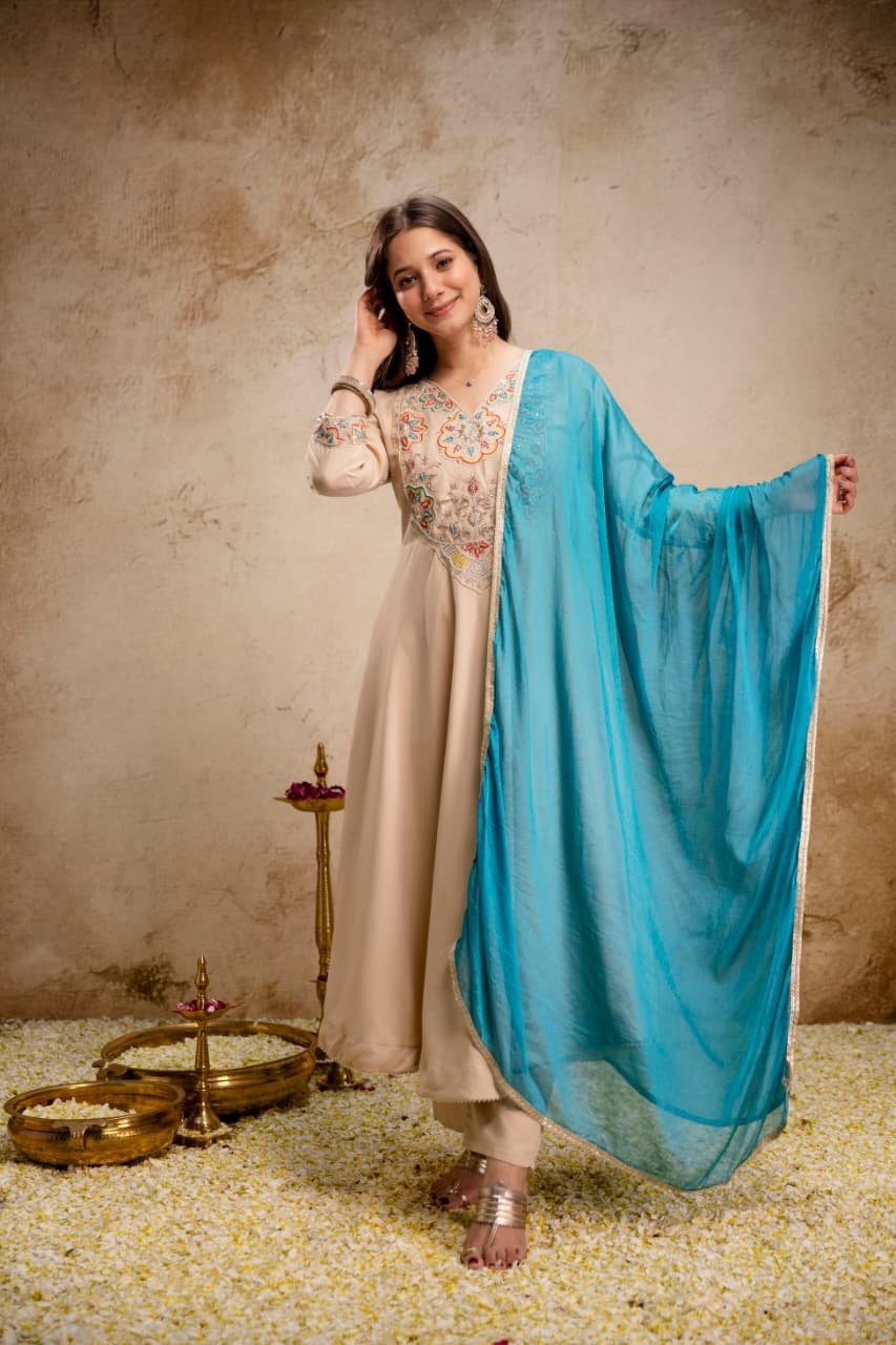designer 3 piece anarkali kurti pent dupatta set pure viscose chanderi silk with embroidery beads work designer 3 piece anarkali kurti pent dupatta set pure viscose chanderi silk with embroidery beads work