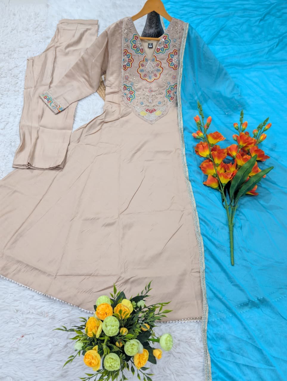 designer 3 piece anarkali kurti pent dupatta set pure viscose chanderi silk with embroidery beads work designer 3 piece anarkali kurti pent dupatta set pure viscose chanderi silk with embroidery beads work