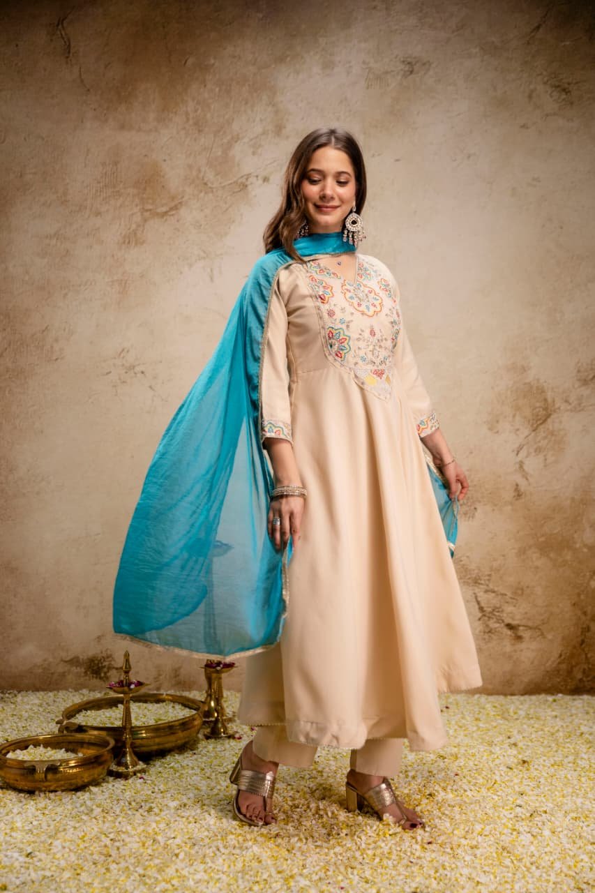 designer 3 piece anarkali kurti pent dupatta set pure viscose chanderi silk with embroidery beads work designer 3 piece anarkali kurti pent dupatta set pure viscose chanderi silk with embroidery beads work