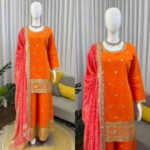 presenting kurta palazzo dupatta set chinon silk with thread work and seqance work