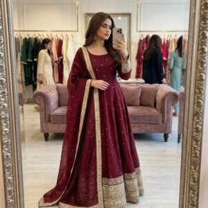 anarkali gown pent dupatta set fendy silk with embroidery sequence work